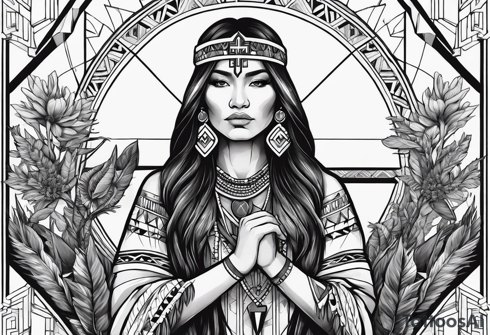 Native American holding a cross with plants and nature behind her, half sleeve tattoo idea