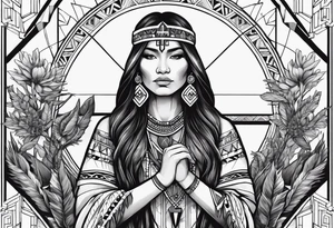 Native American holding a cross with plants and nature behind her, half sleeve tattoo idea