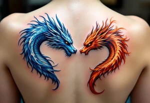 One partner wears a fierce red-orange phoenix, while the other bears a cool silver-blue dragon, united as fire and wisdom. tattoo idea