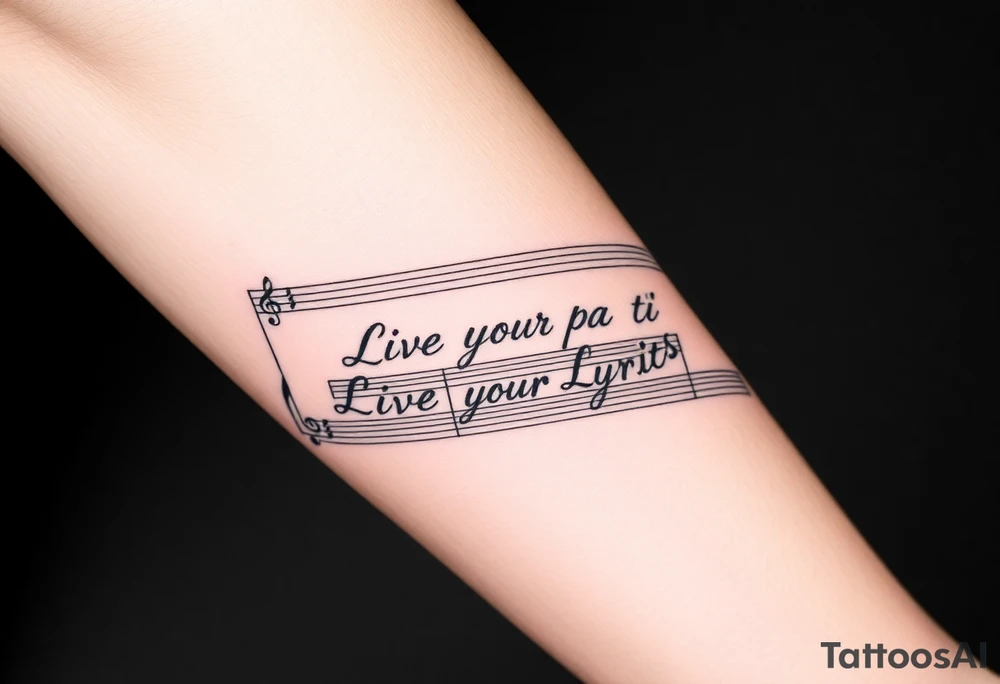 sheet music with the first 1 minute of Santana's song samba pa ti with the phrase "Live Your Lyrics" in fancy cursive between the top and bottom staves tattoo idea
