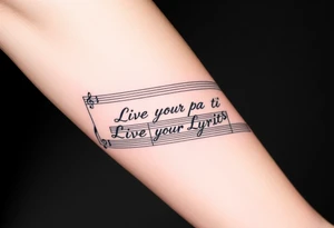 sheet music with the first 1 minute of Santana's song samba pa ti with the phrase "Live Your Lyrics" in fancy cursive between the top and bottom staves tattoo idea