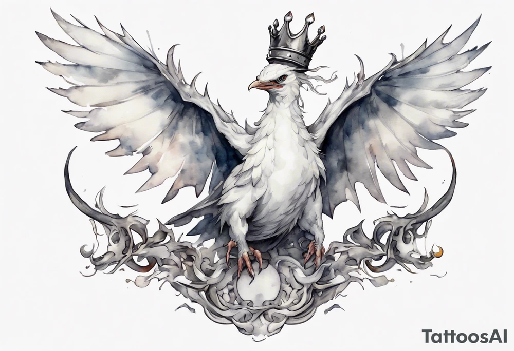 a white bird-wyrm hybrid, wearing a pewter crown on its head, flying in the air tattoo idea
