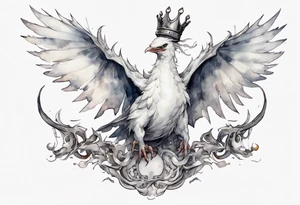 a white bird-wyrm hybrid, wearing a pewter crown on its head, flying in the air tattoo idea