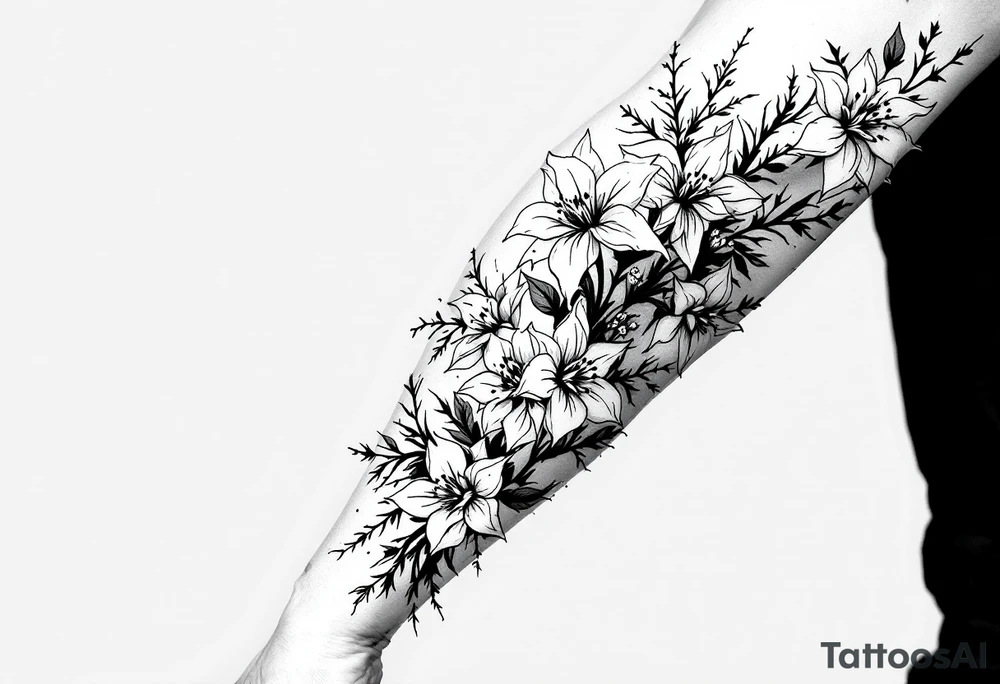 starting from a band mid-forearm, a sleeve of holly flowers and daffodils tattoo idea