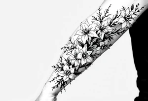 starting from a band mid-forearm, a sleeve of holly flowers and daffodils tattoo idea