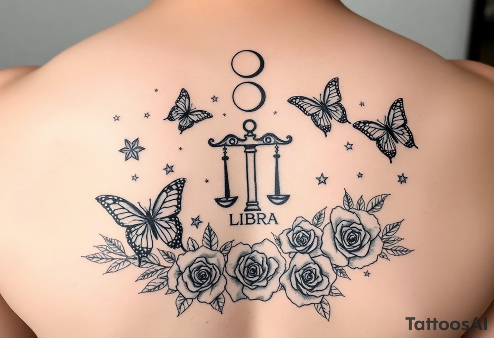 Butterflies and stars and moons and roses and the libra zodiac sign tattoo idea