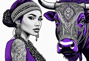 woman wearing bead headband, standing next to magical purple buffalo tattoo idea