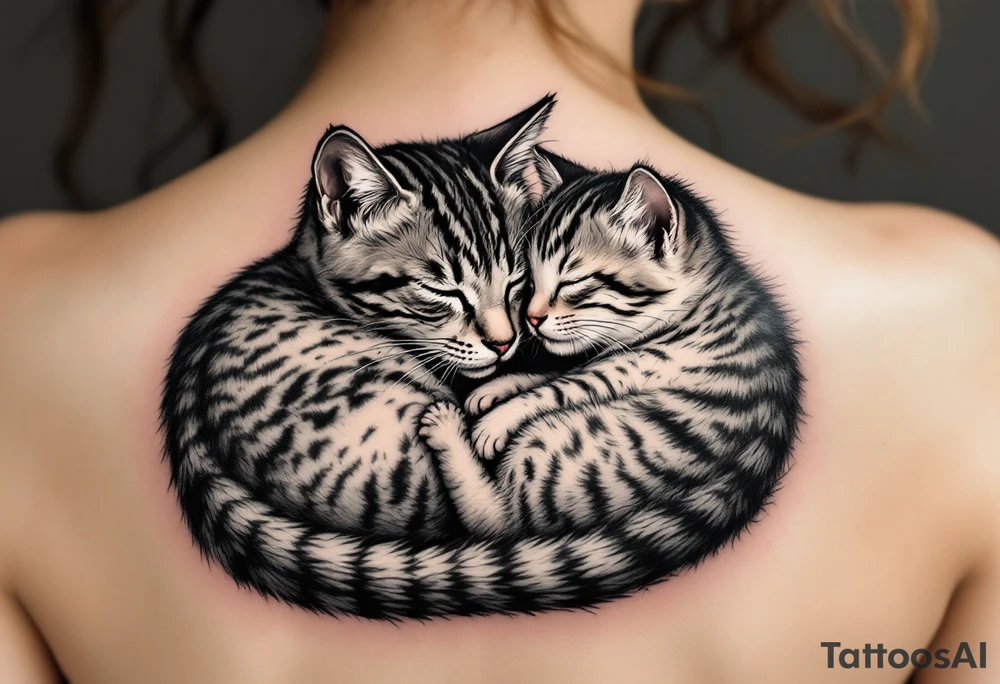 A cat and kitten in black ink intertwined in sleep represents warmth, trust, and quiet love. tattoo idea