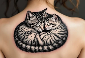A cat and kitten in black ink intertwined in sleep represents warmth, trust, and quiet love. tattoo idea