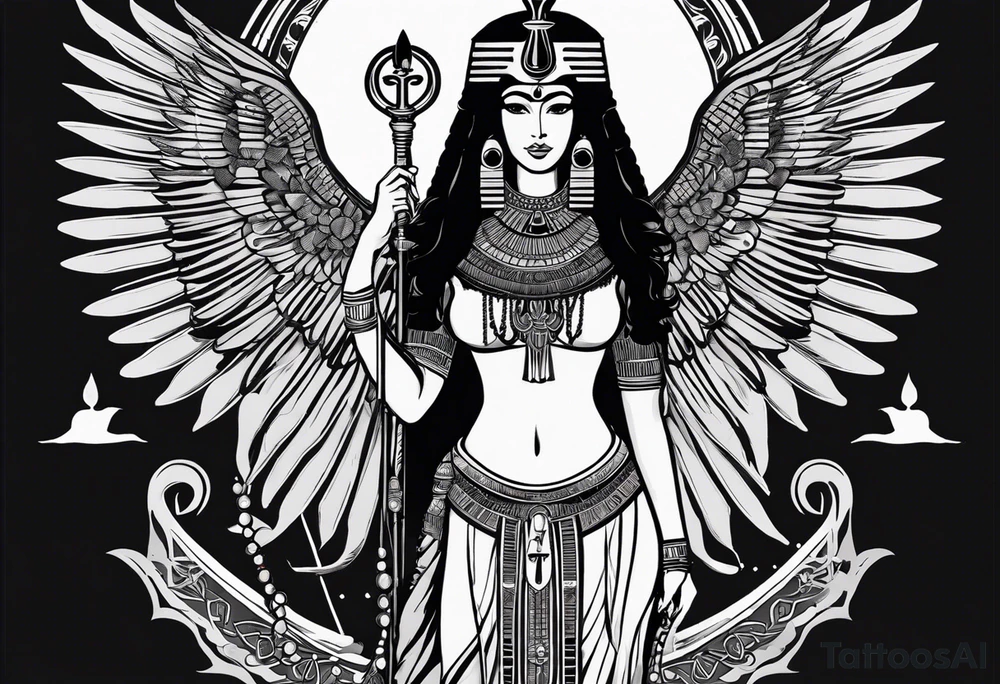 black and white Egyptian goddess Isis, who is often depicted as a woman with outstretched wings, holding an ankh (a symbol of life) in one hand and a lotus flower in the other. Her headdress often includes a throne or a solar disk. The tattoo design can vary in style and size, but it typically aims to capture the essence of this revered Egyptian deity, emphasizing her beauty, power, and maternal qualities. The choice of colors and additional elements can also be customized to create a unique and visually striking representation of the goddess Isis tattoo idea
