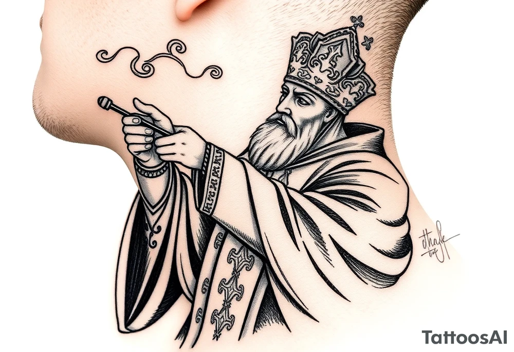 Russian Orthodox Priest in a fully detailed gold vestment swinging a censer with smoke curling upward tattoo idea