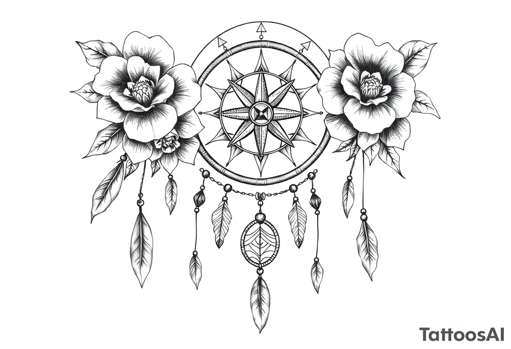 Boho dream catcher with compass and anchor Beautiful flowers and an ornamental chandelier like look tattoo idea