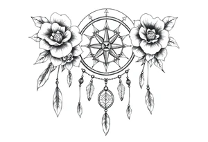 Boho dream catcher with compass and anchor Beautiful flowers and an ornamental chandelier like look tattoo idea