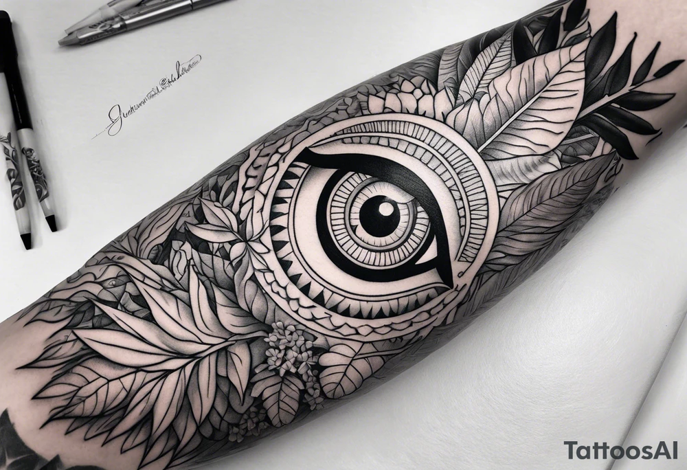full arm sleeve tattoo with all-seeing eye surrounded by jungle plants tattoo idea