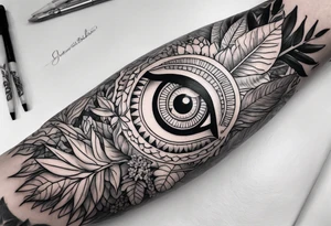 full arm sleeve tattoo with all-seeing eye surrounded by jungle plants tattoo idea