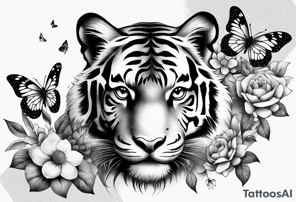 tiger, 3 butterflies, flowers for ladies thigh / hip shaded tattoo idea