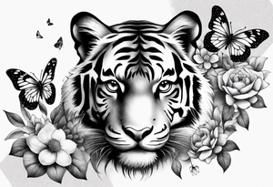 tiger, 3 butterflies, flowers for ladies thigh / hip shaded tattoo idea