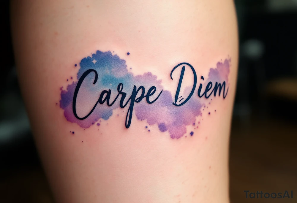 "Carpe Diem" in dark navy ink, placed over a soft watercolor galaxy in shades of purple and blue. tattoo idea