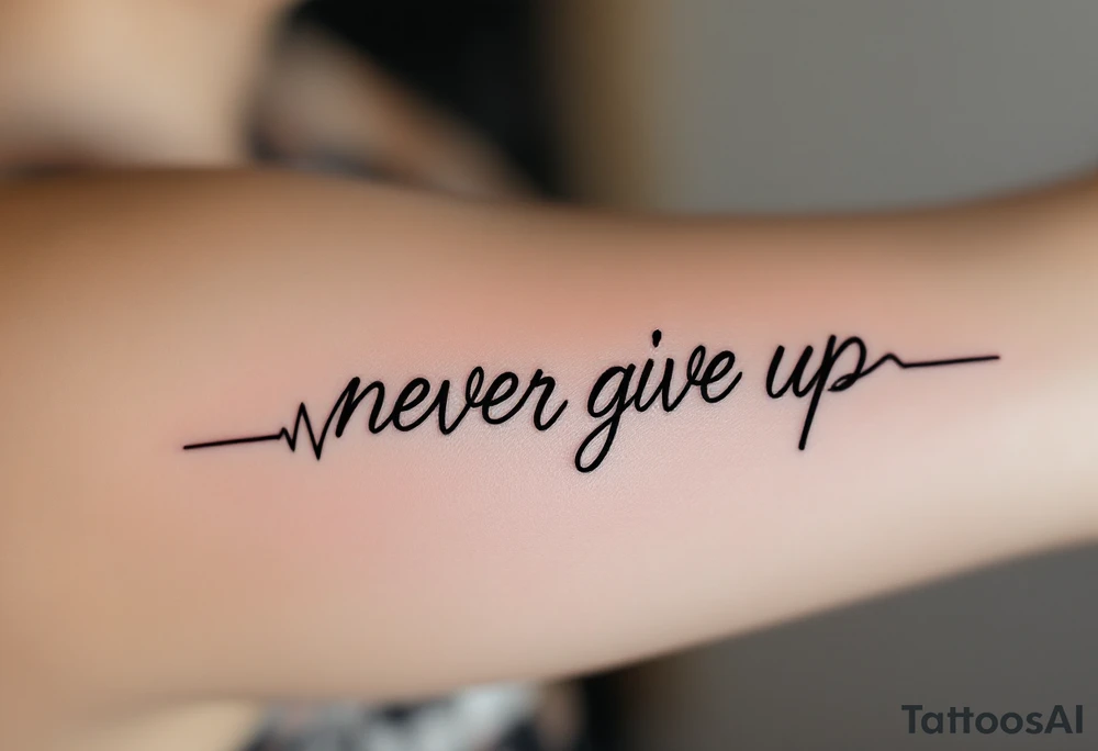 A heartbeat line turning into the words "never give up", in ink-black with a red pulse highlight. tattoo idea