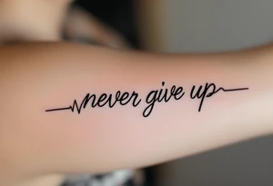 A heartbeat line turning into the words "never give up", in ink-black with a red pulse highlight. tattoo idea
