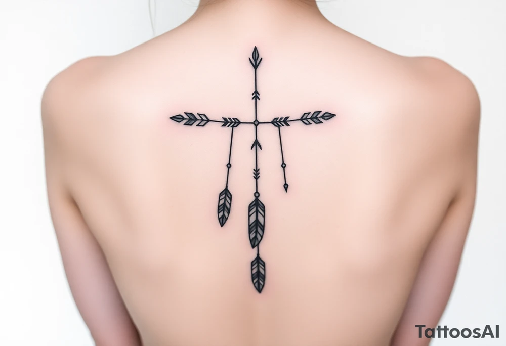 Thin spinal tattoo following down the spine in a native style with multiple different lengths flowing lines made of a discreet connection of morse code ".--- .- --.     .-.. ... -.- .- .-.   -.. .. --.     .-.. .. .-.. .-.. . -... .-. --- .-. forming 3 arrow shapes connected to flowing feathers hanging from the morse code lines tattoo idea
