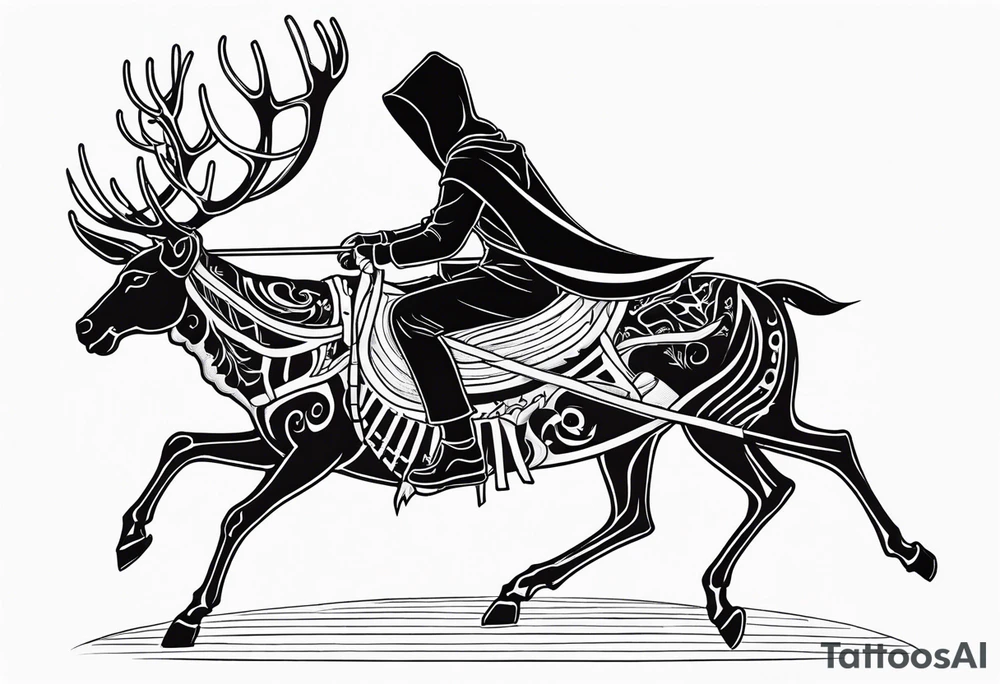 Hooded figure riding on a reindeer skeleton tattoo idea