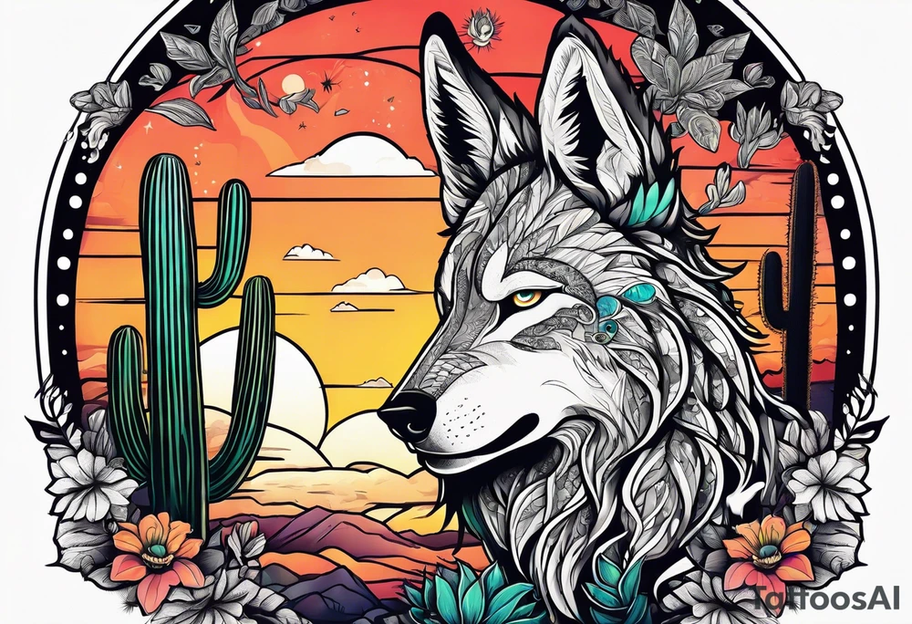 Lobo ,  cactos e árvore da vida por do sol tattoo idea