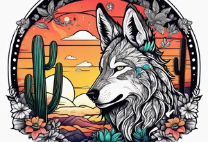Lobo ,  cactos e árvore da vida por do sol tattoo idea