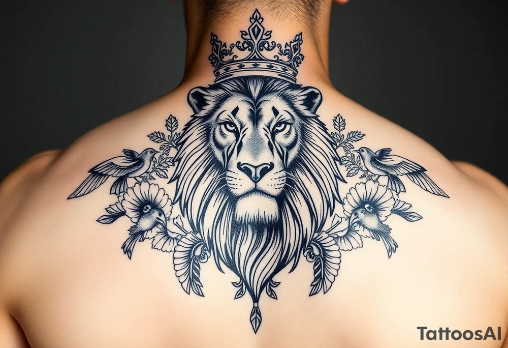 powerful majestic lion with a crown, surrounded by floral ornaments and birds tattoo idea