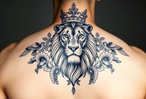 powerful majestic lion with a crown, surrounded by floral ornaments and birds tattoo idea