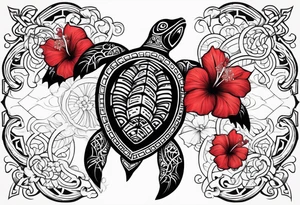 Black Polynesian turtle with red hibiscus flower in the middle of turtles shell tattoo idea