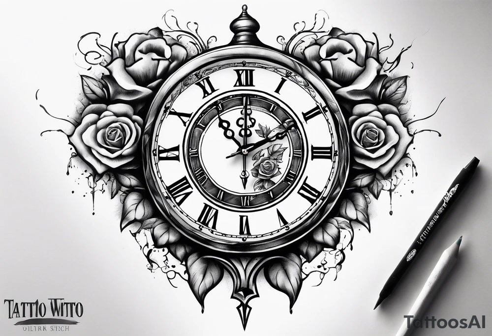 broken heart with clock in middle.
Clock hands on 8 and 5.
Never Say Never written on tattoo tattoo idea