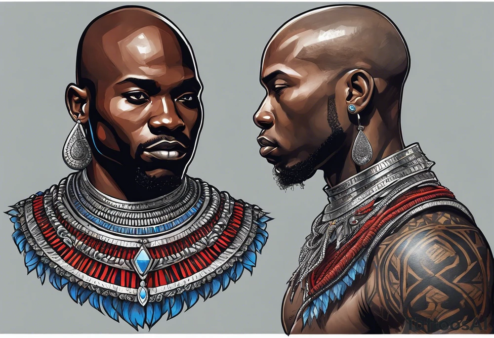 Black-skinned bald african warrior. He wears a simple and small silver crown. He uses blue and red necklaces tattoo idea