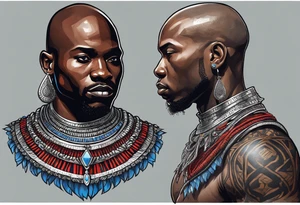 Black-skinned bald african warrior. He wears a simple and small silver crown. He uses blue and red necklaces tattoo idea