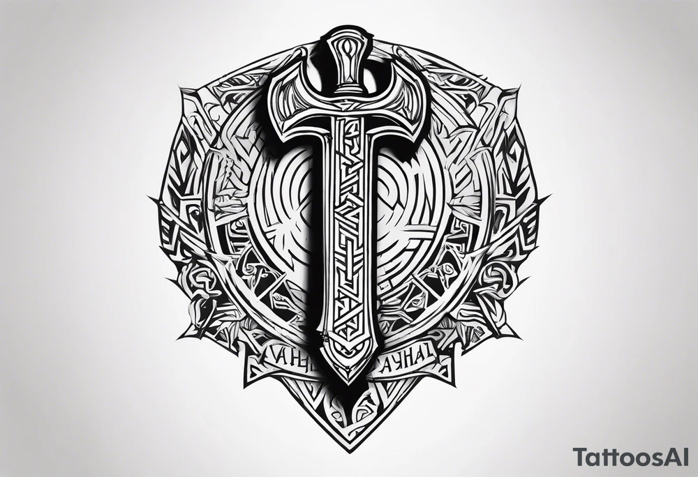 Valhalla sword shield axe Valknut  tribal tattoo idea