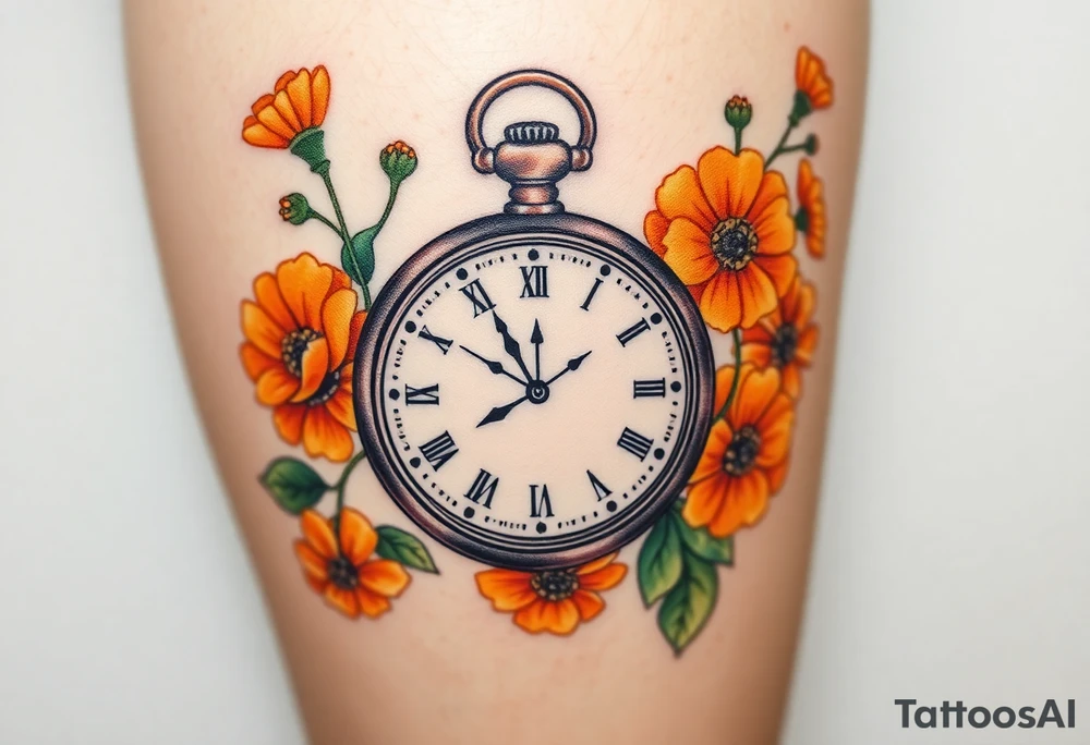 Beautiful pocket watch surrounded by orange marigolds tattoo idea