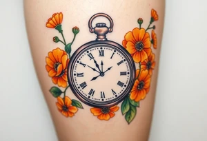 Beautiful pocket watch surrounded by orange marigolds tattoo idea