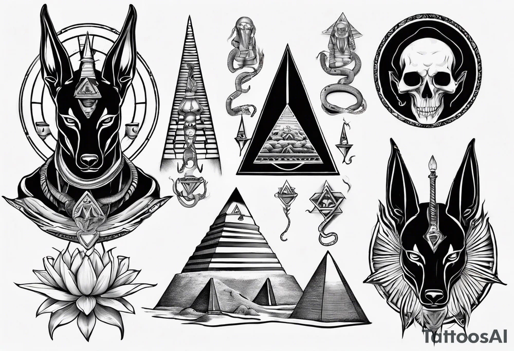 Anubis with snakes, skulls, lotus, and pyramids tattoo idea