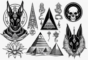 Anubis with snakes, skulls, lotus, and pyramids tattoo idea
