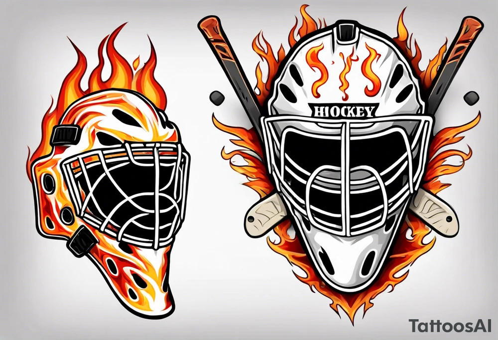 a goalie mask and crossed hockey sticks with flames that says "SHOT HOCKEY" tattoo idea