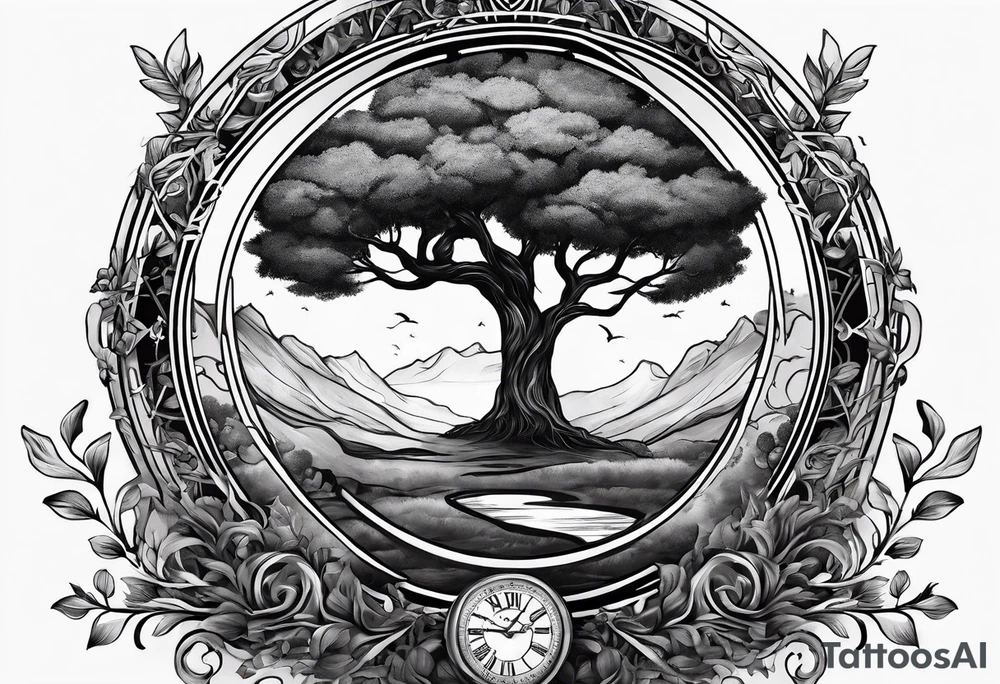 circle of life tree coming out of an hourglass tattoo idea