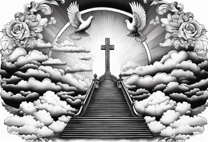 A heavenly stairway to heaven with clouds with a cross with two doves tattoo idea