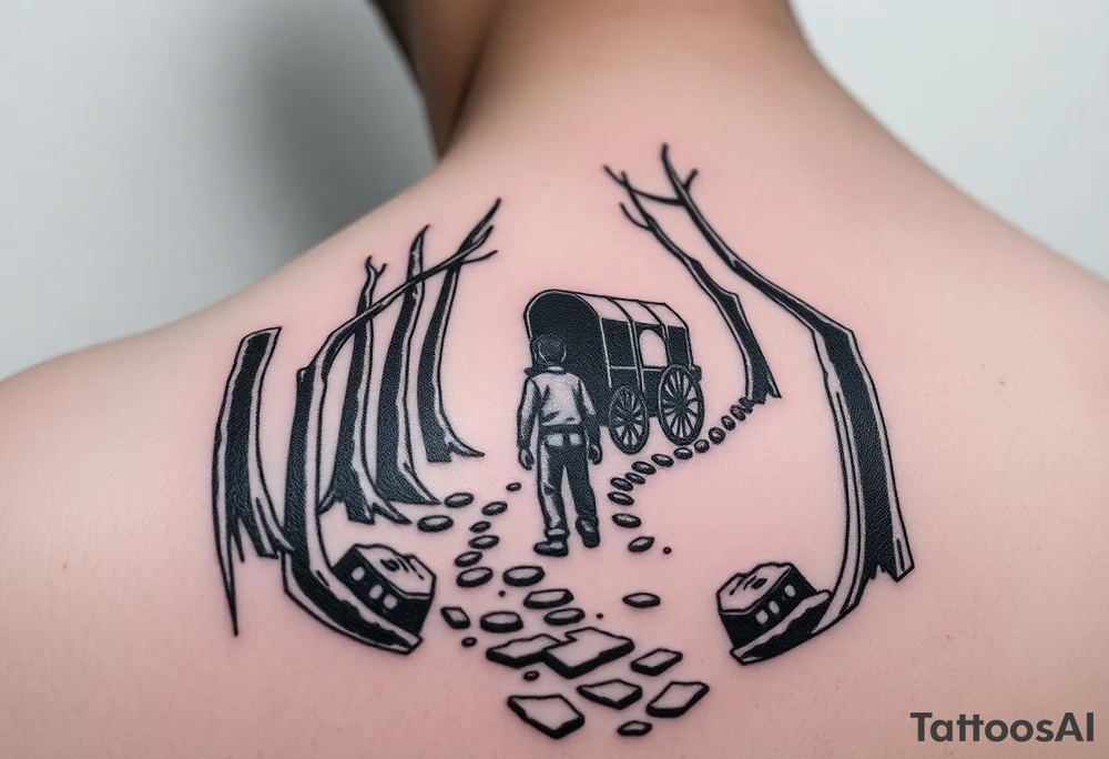 A boy walking up a forest path, DnD inspired, broken down carriage, tavern, glowing tunnel tattoo idea