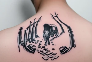 A boy walking up a forest path, DnD inspired, broken down carriage, tavern, glowing tunnel tattoo idea
