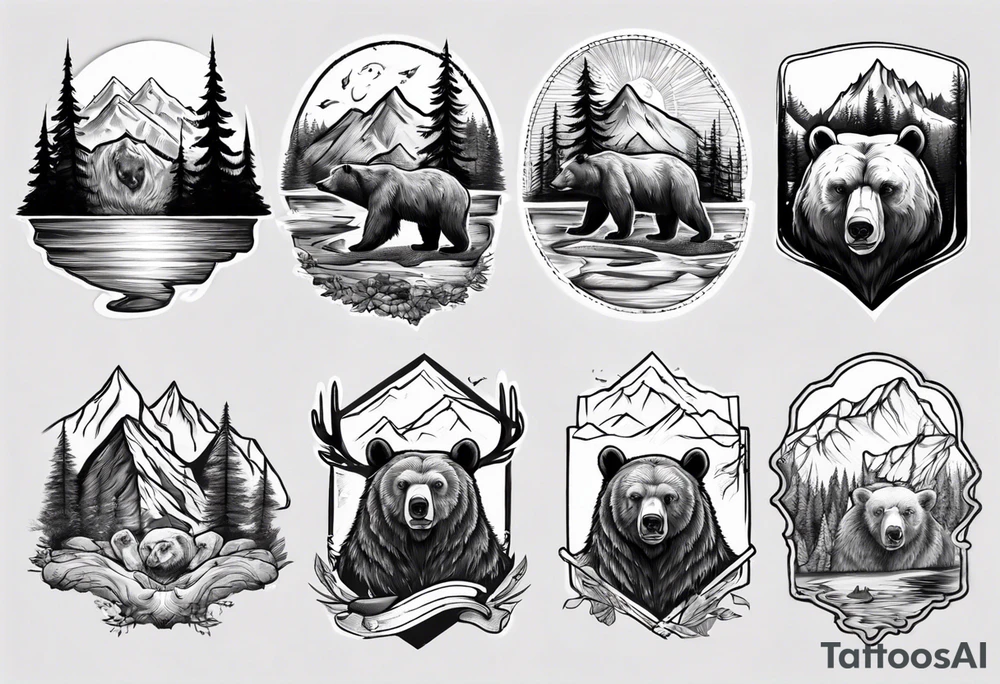 Bear with mountains, forest, rivers etc inside of it tattoo idea
