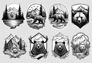 Bear with mountains, forest, rivers etc inside of it tattoo idea