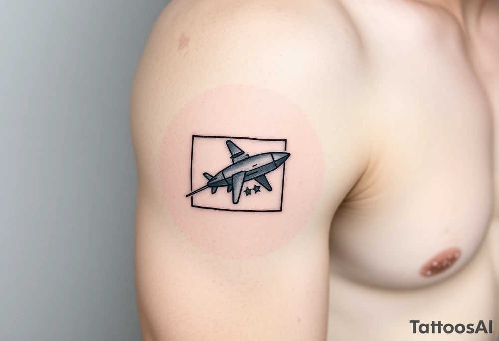 Rocket ship with a twinkling star, inside a black rectangle, shooting out of the rectangle tattoo idea