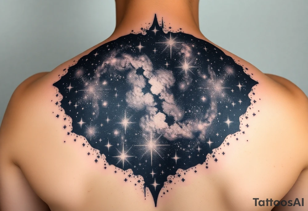 Beautiful and epic 3d milky way that appears to be what is beneath the skin. Make it drape over the shoulder and move to the middle back. use negative spaces to create stars and dust. Incorporate God breathing life into the universe. Keep it symmetrical tattoo idea