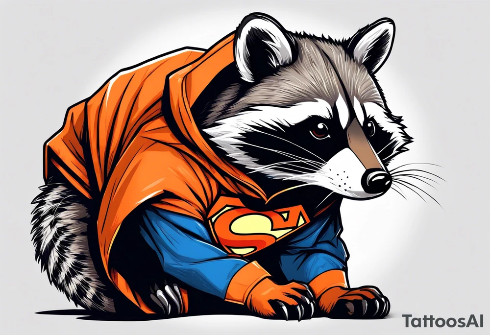 Raccoon wearing an orange Superman hoodie tattoo idea