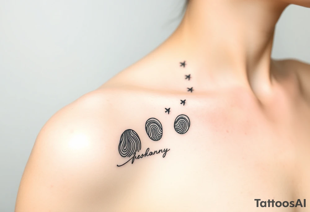 Memorial tattoo using line drawing style in black with shading. The design should flow up from his signature on the bottom, shading into fingerprints and the melting into small planes flying away to the top right. This will go on the left shoulder. tattoo idea